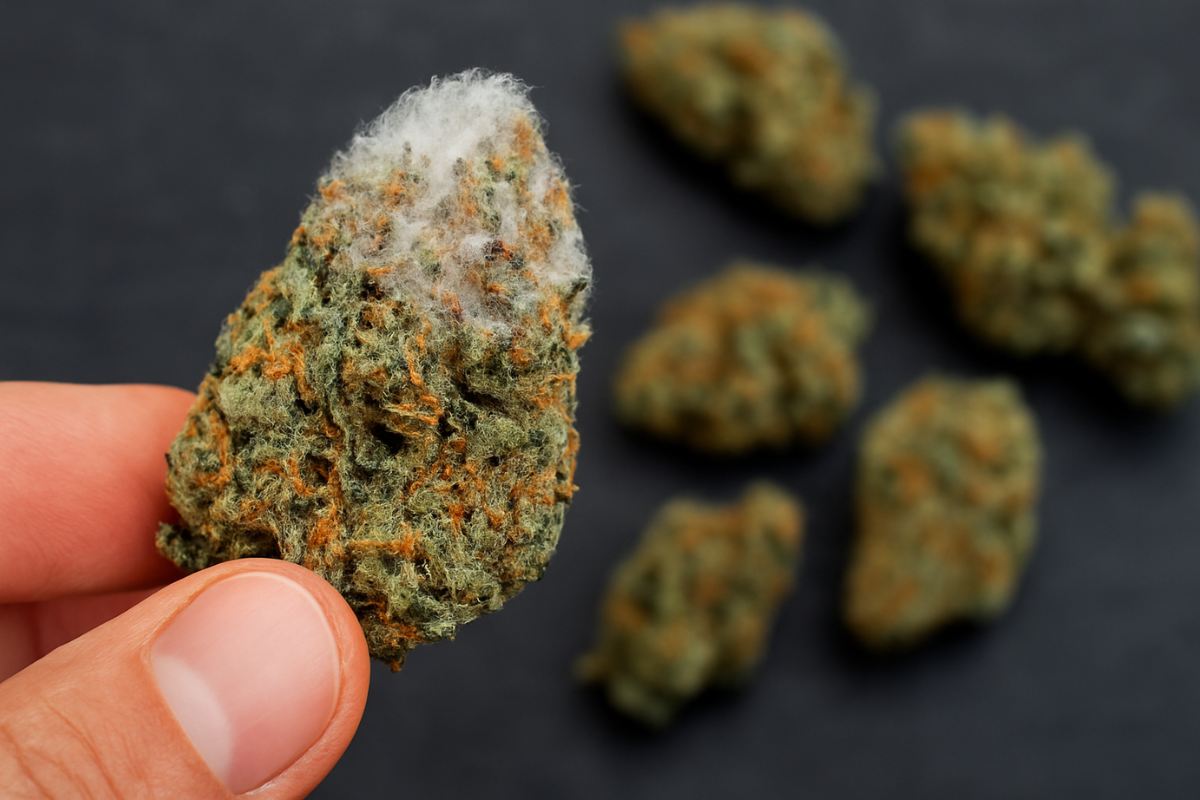 Mouldy cannabis bud with visible white fuzzy growth, showing how to identify mouldy cannabis and ensure safe purchases in Canada