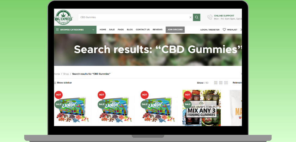 Laptop screen displaying MMJExpress search results for CBD gummies, representing ordering CBD gummies online