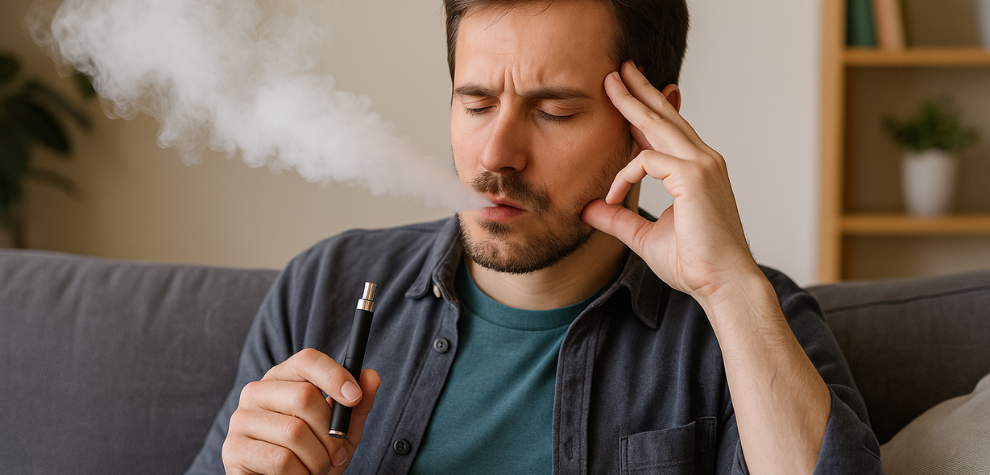 Man exhaling vapor from a vape pen while relaxing on a couch, symbolizing stress relief and unwinding with THC after a tough day