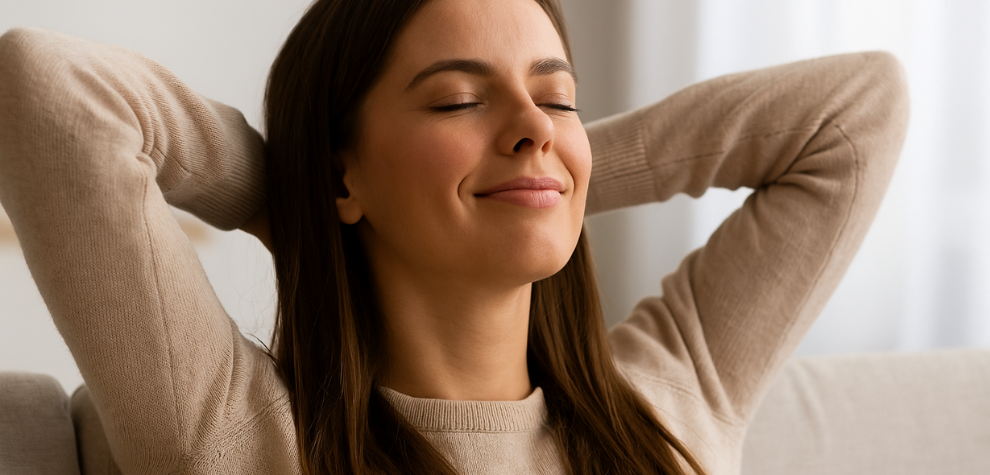 Relaxed woman leaning back with eyes closed and a peaceful smile, illustrating the calming and soothing effects of the Pink Kush strain