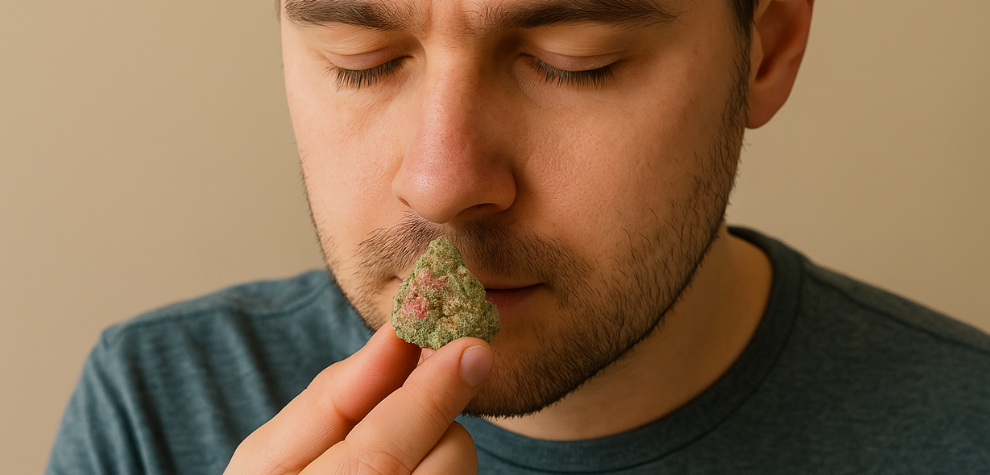 Man with closed eyes smelling a small Pink Kush cannabis bud, highlighting the strain’s distinct aroma and terpene profile