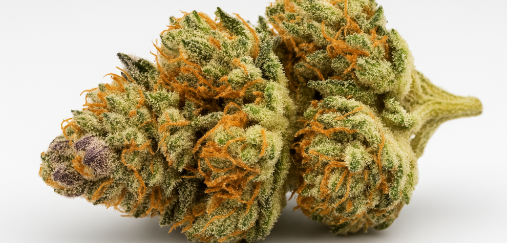 Close-up of a dense Pink Tuna Kush cannabis bud with vibrant green, orange, and purple hues, covered in frosty trichomes