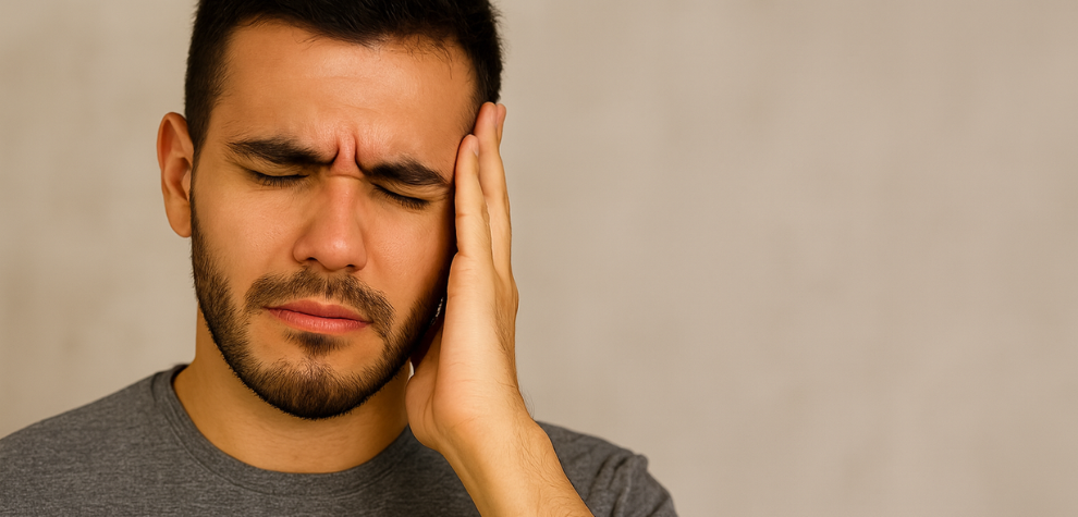 Man holding his head in discomfort, representing the potential side effects of consuming high THC weed, such as headaches or anxiety