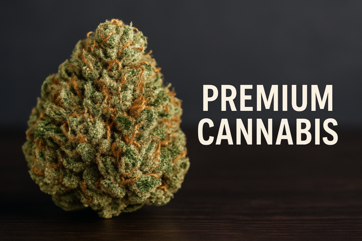 Premium cannabis bud with visible trichomes, placed on a dark surface with "Premium Cannabis" text beside it
