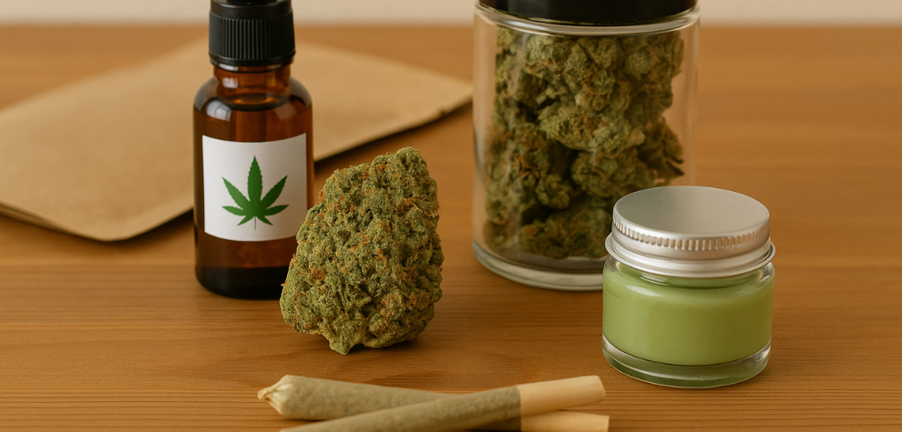 Various premium cannabis products including buds, joints, oil, and topical cream displayed on a wooden table, representing online store offerings