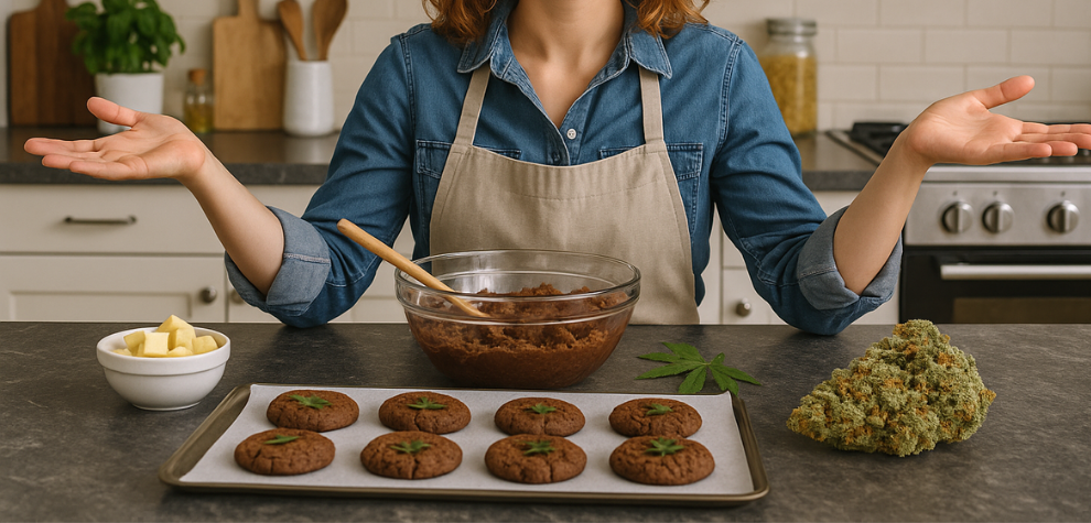 Woman in apron shrugging beside cannabis cookies, buds, and baking ingredients, ready to turn her kitchen into a cannabis bakery with cannabutter