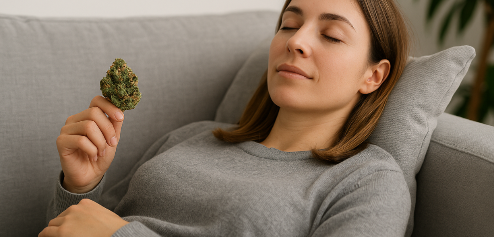 Woman peacefully relaxing on a couch with closed eyes, holding a bud of MK Ultra weed in hand, symbolizing calm and unwinding