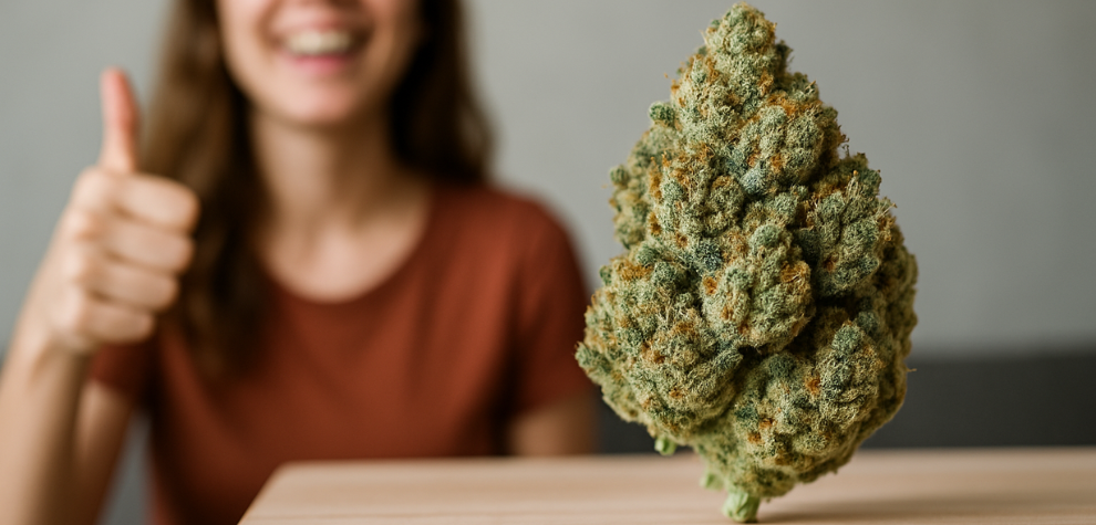 Smiling woman giving thumbs up behind a large sativa ganja bud on table, highlighting uplifting types of ganja