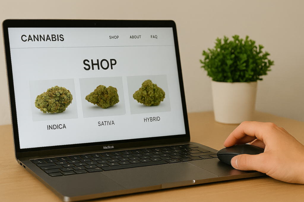 Person browsing an online cannabis store on a laptop, comparing indica, sativa, and hybrid strains; concept: shopping online for weed