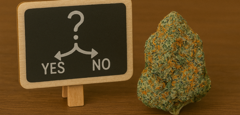 Tropicana Cookies cannabis bud beside a chalkboard sign with a question mark and symbolizing a purchase decision