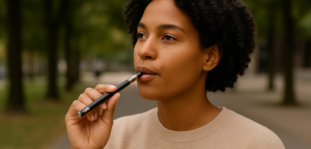 A woman standing outdoors thoughtfully using a CBD vape pen, contemplating whether CBD is right for her wellness needs