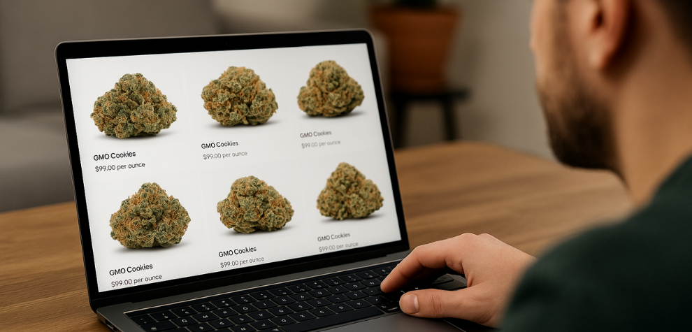 Man browsing a cannabis website on a laptop, viewing GMO Cookies strains and prices, illustrating the option to buy GMO Cookies online in Canada