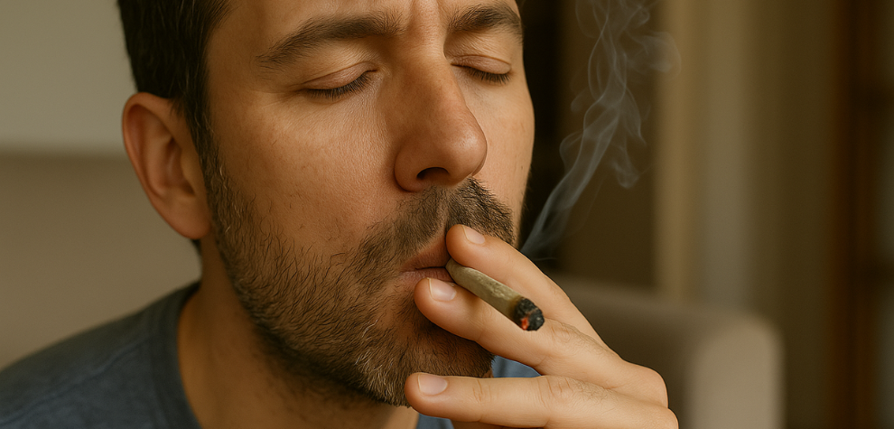 Man smoking a joint with eyes closed, experiencing the calming effects of Hindu Kush weed
