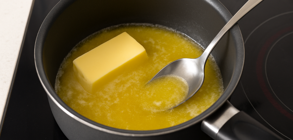 Butter melting in a saucepan on stovetop with spoon—second step in making infused hash butter