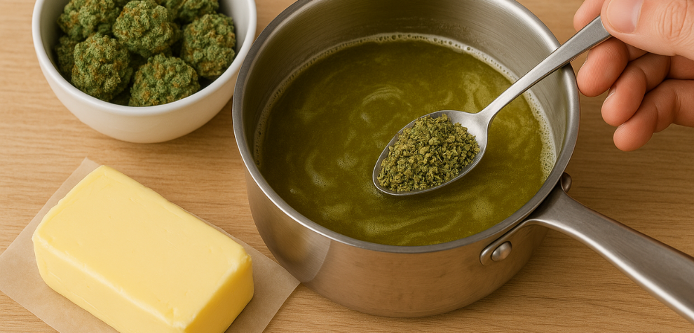 Hand holding spoon of ground cannabis over saucepan with melted butter, alongside raw butter and buds, showing step-by-step weed butter making