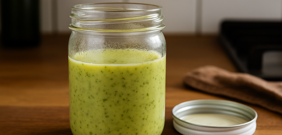 Glass jar filled with greenish hash butter on a kitchen counter—safe storage of homemade hash butter