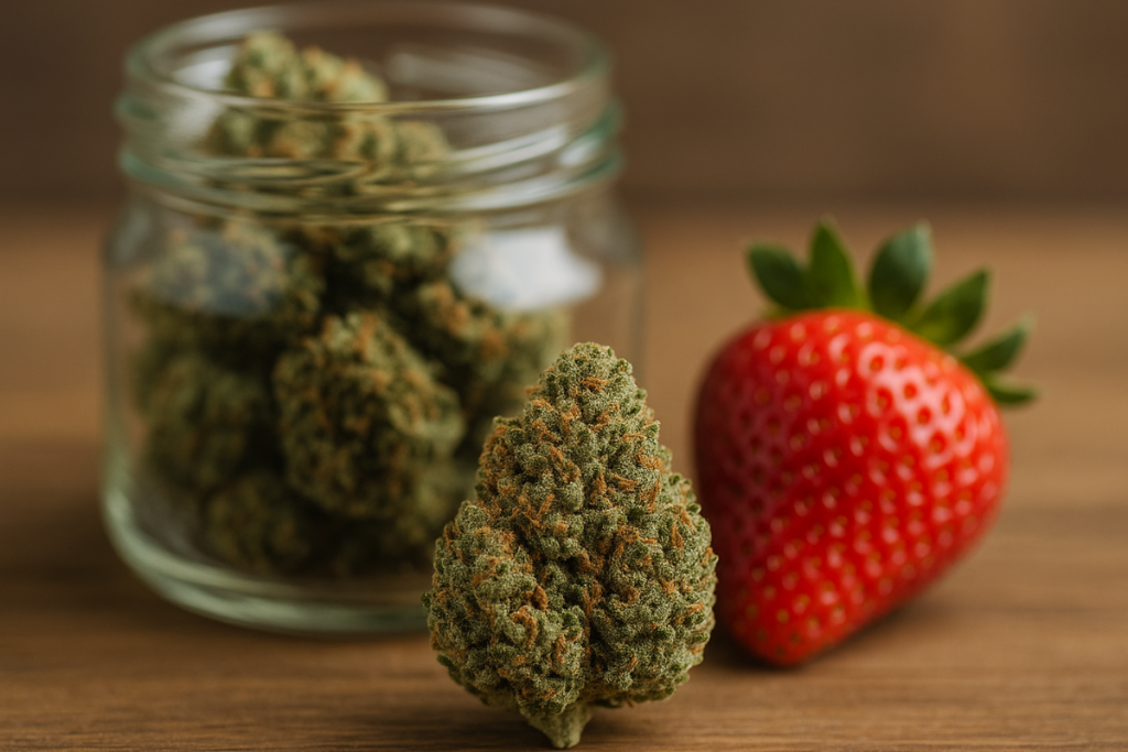 Strawberry Cough cannabis bud beside a fresh strawberry and glass jar, highlighting its berry aroma and uplifting effects