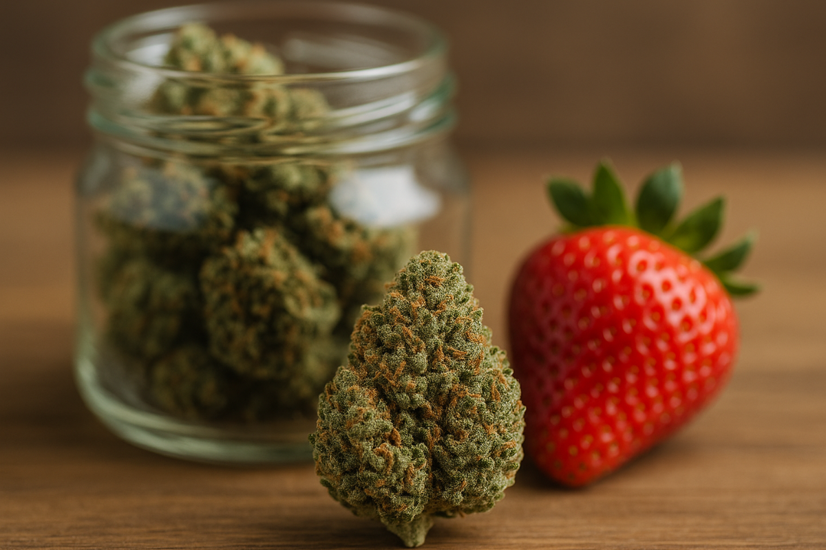 Strawberry Cough cannabis bud beside a fresh strawberry and glass jar, highlighting its berry aroma and uplifting effects