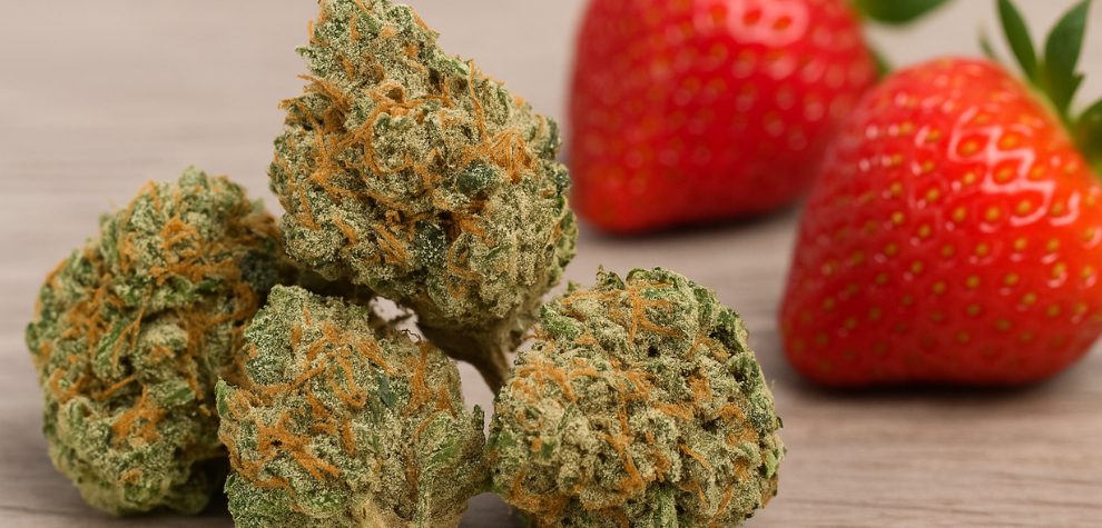 Strawberry Cough cannabis buds with fresh strawberries, symbolizing its fruity genetics and flavorful origins