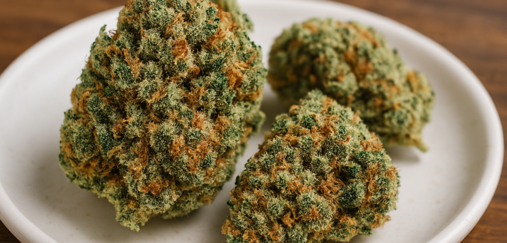 Close-up of Strawberry Cough cannabis buds on a white plate, showing frosty trichomes and orange hairs