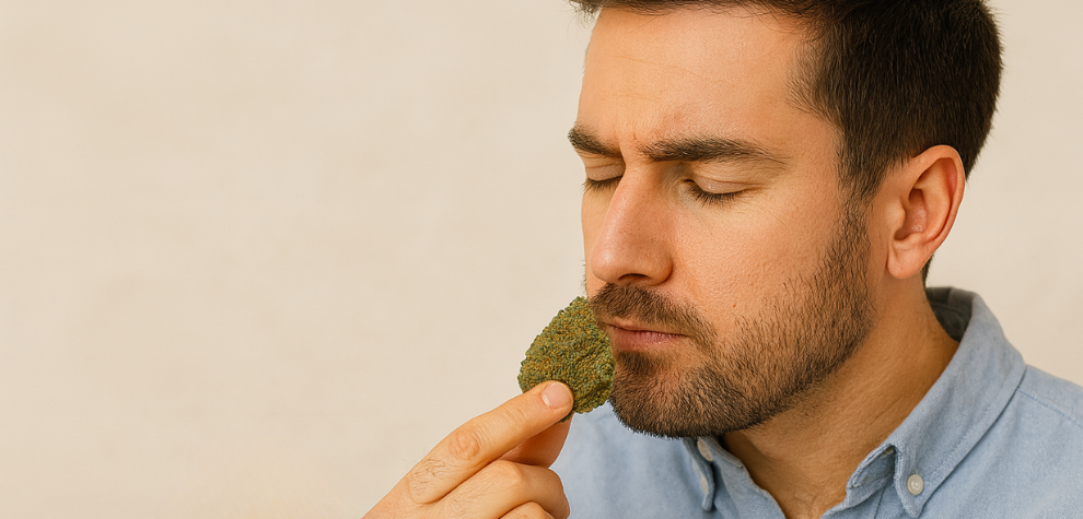Man smelling a Strawberry Cough cannabis bud, eyes closed, enjoying its aroma and flavor profile