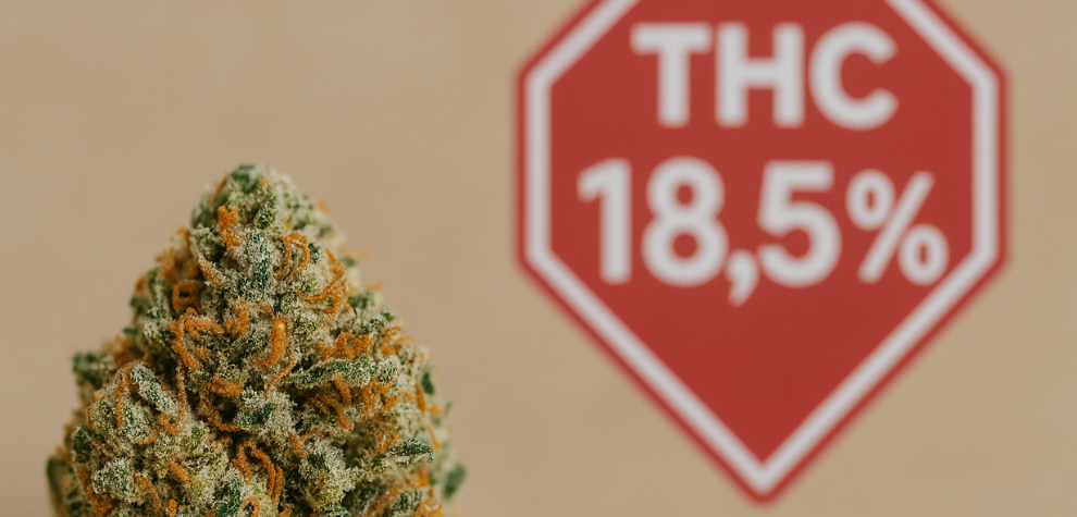 Strawberry Cough cannabis bud in front of a sign showing 18.5% THC content