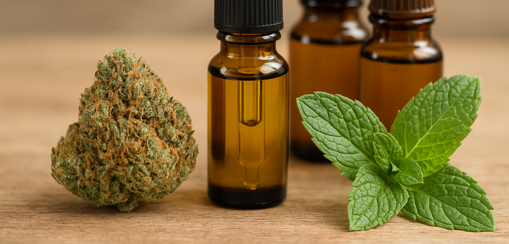 Strawberry Cough cannabis bud with terpene oil bottles and fresh mint leaves on a wooden surface