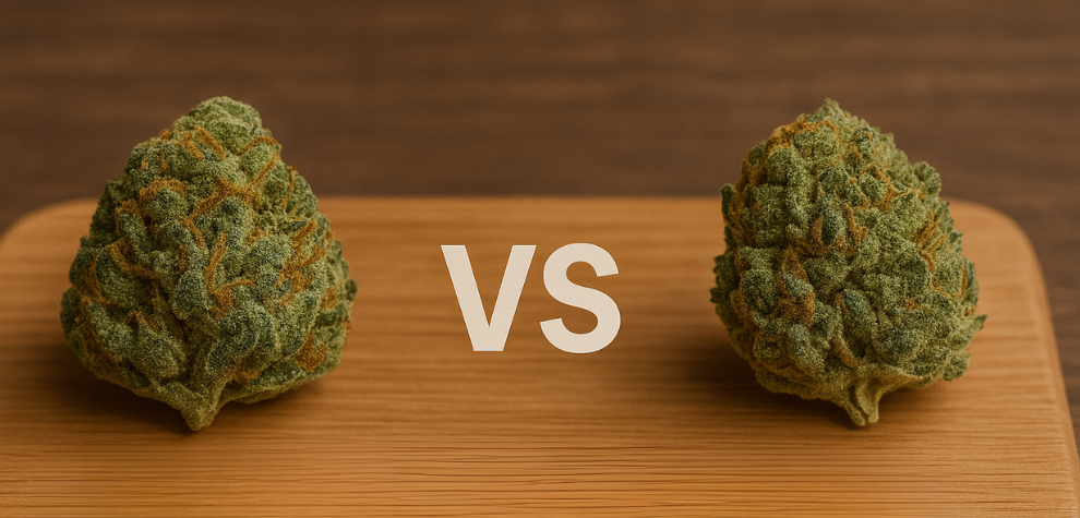 Two cannabis buds side by side on a wooden board with "VS" between them, comparing Strawberry Cough to other sativa strains