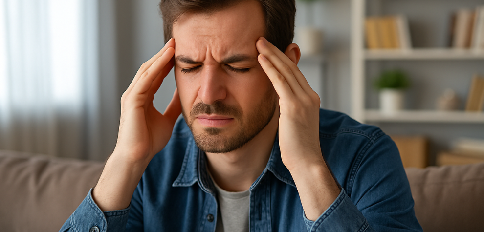 Man sitting on a couch with eyes closed and hands on head, expressing stress or anxiety, symbolizing need for stress relief