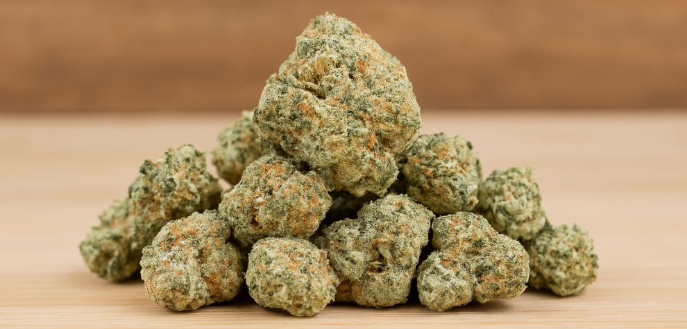 Pile of Super Silver Haze AAAA popcorn cannabis nugs with frosty trichomes and orange hairs, displayed on a light wooden surface
