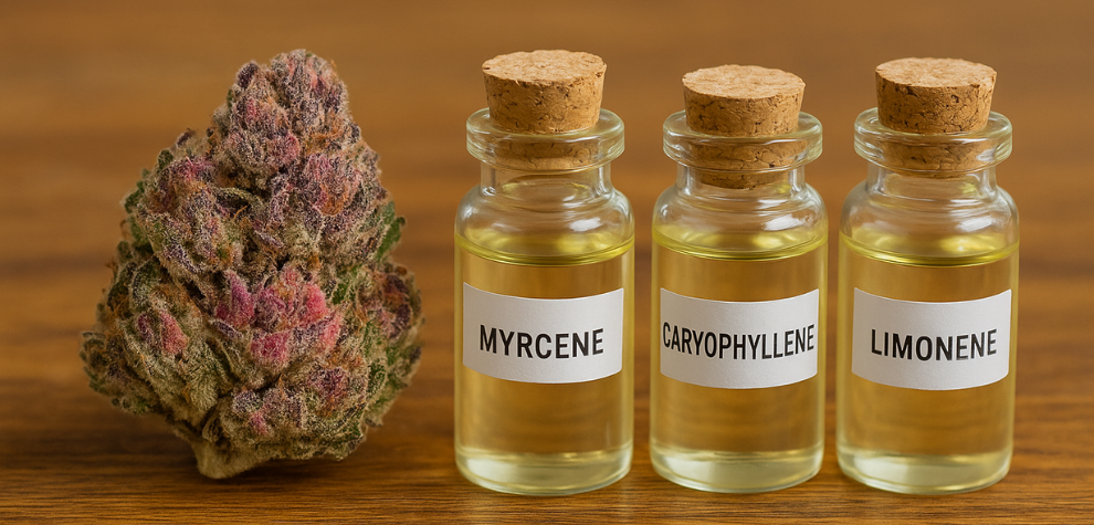 Pink cannabis bud beside three glass bottles labeled Myrcene, Caryophyllene, and Limonene, showcasing key cannabis terpenes