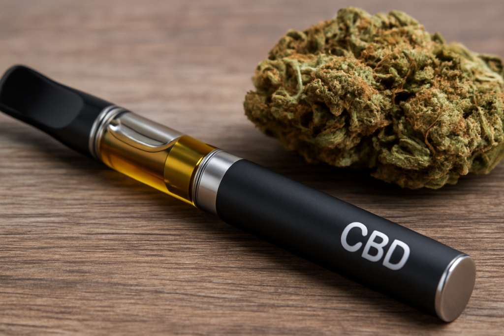 CBD vape pen and a cannabis bud on a wooden surface, highlighting a portable CBD option for stress and relaxation