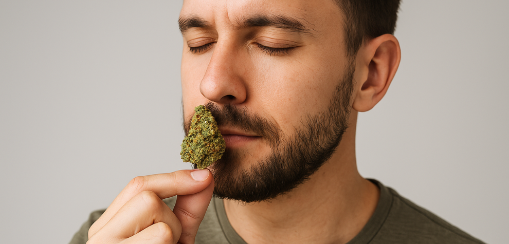 Man smelling a Lemon Haze cannabis bud, eyes closed, highlighting the strain’s distinct citrus aroma and flavor profile