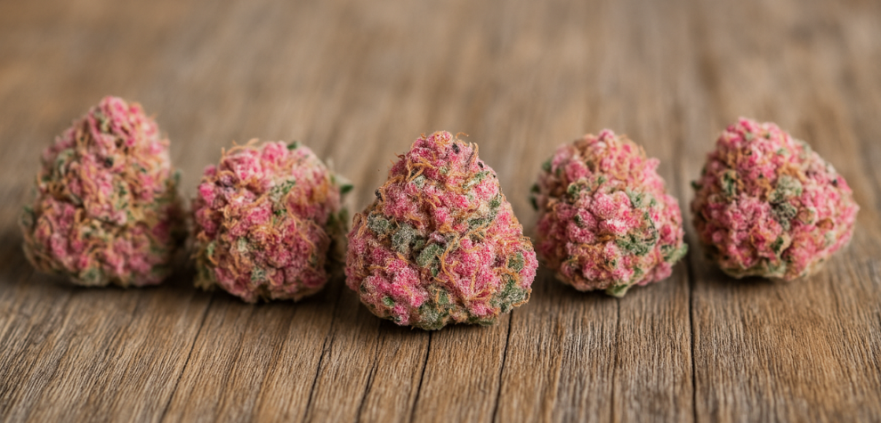 Five vibrant pink cannabis buds lined up on a wooden surface, showcasing the top Pink Kush strains available online in Canada