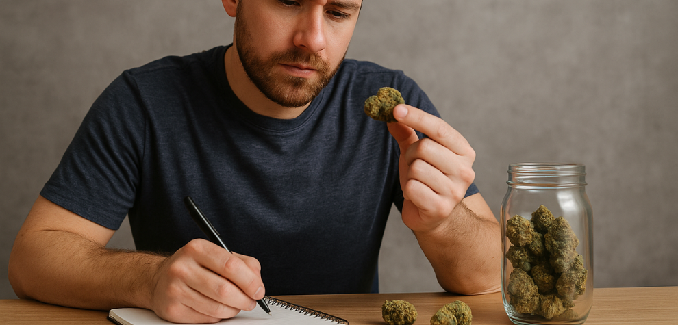 Man examining cannabis bud and taking notes, researching tips to choose the right strain when shopping online for weed