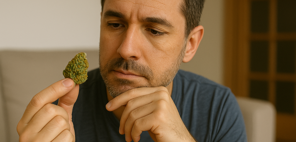 Man thoughtfully examining a cannabis bud, considering if the Hindu Kush strain is suitable for his needs