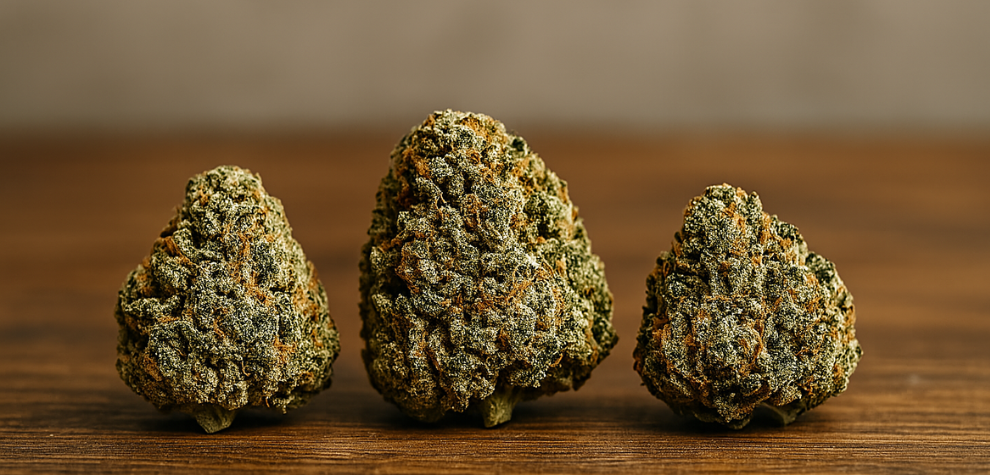 Three dense hybrid cannabis buds on a wooden surface, showcasing top hybrid strains to consider when shopping online for weed