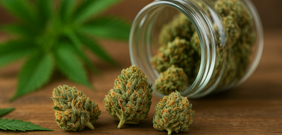 Close-up of vibrant sativa cannabis buds spilling from a glass jar, ideal for those shopping online for weed