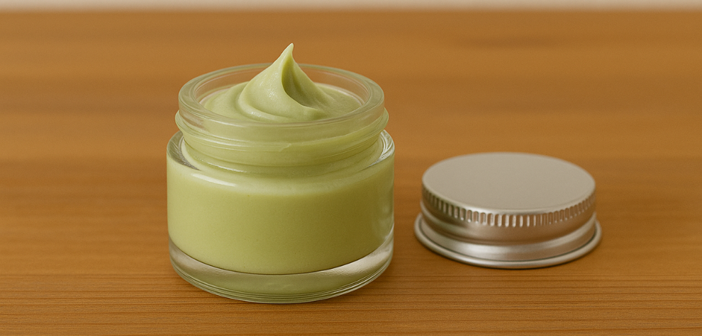 Glass jar filled with green cannabis-infused cream on a wooden surface, representing premium cannabis topicals for skincare or pain relief