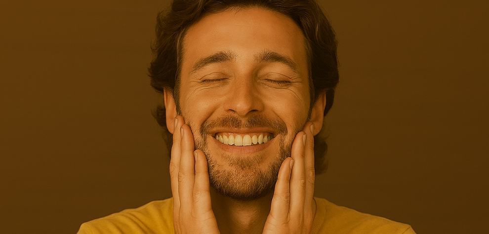 Smiling man with eyes closed and hands on cheeks, expressing a euphoric and blissful feeling from Tropicana Cookies strain effects