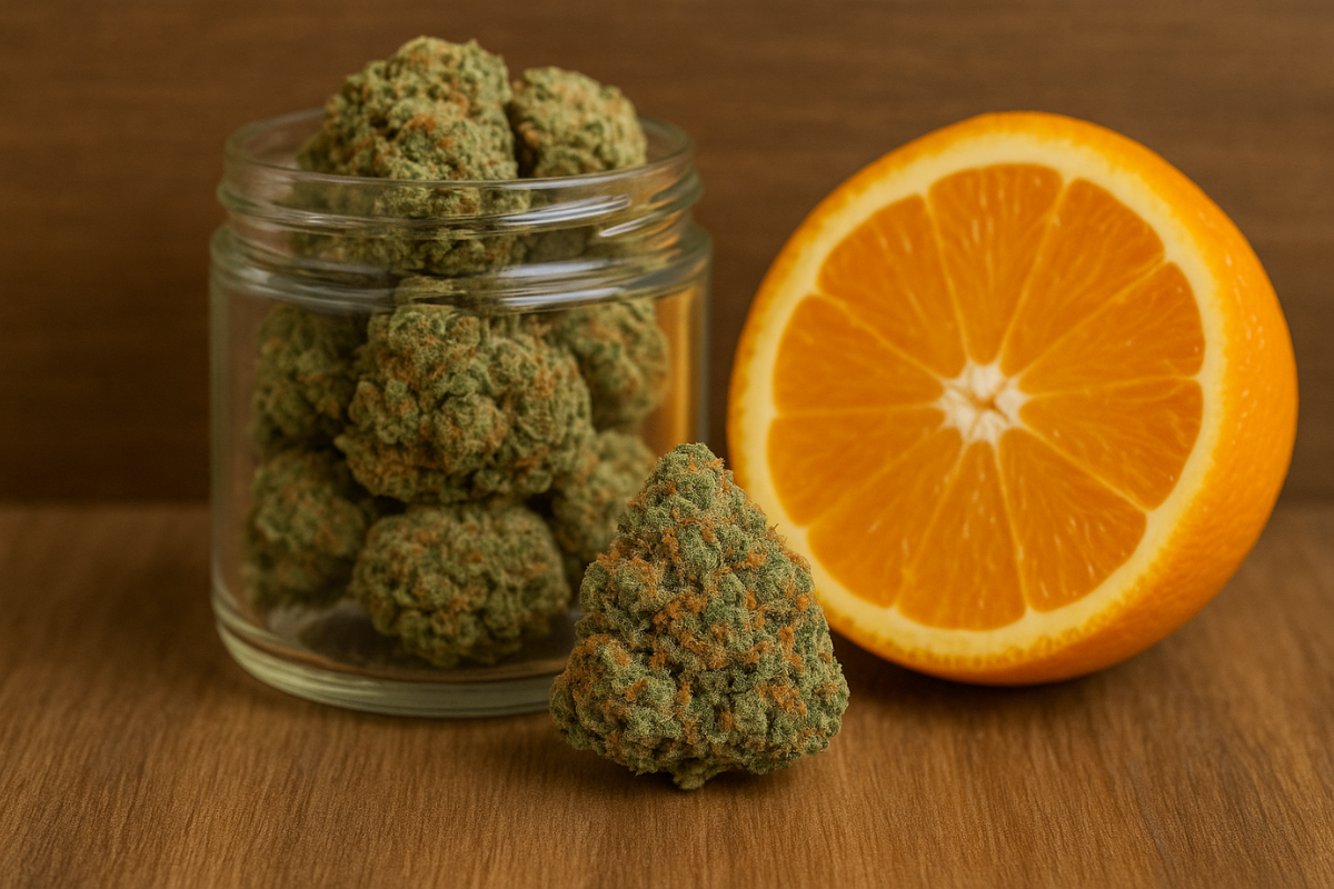 Glass jar filled with cannabis buds next to a fresh orange half and a vibrant bud, representing the citrusy Tropicana Cookies strain