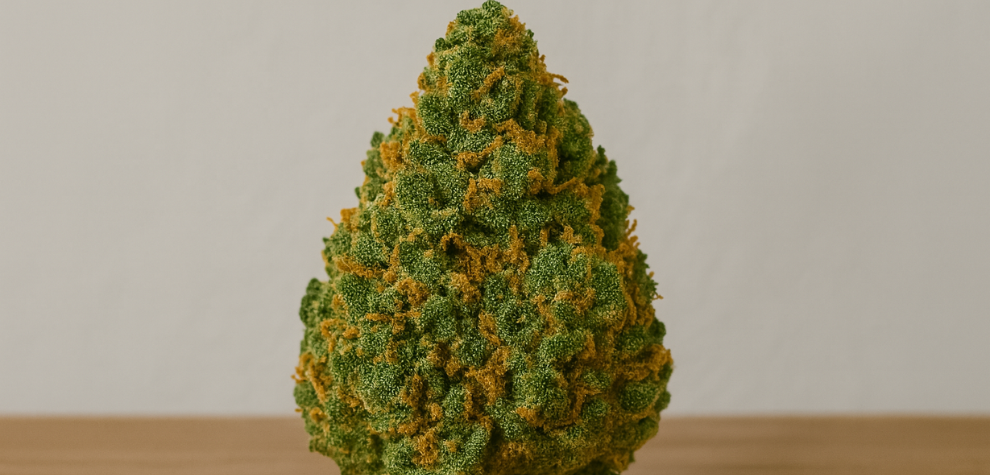 Close-up of a dense ganja bud on a wooden surface, representing different types of ganja and their unique effects