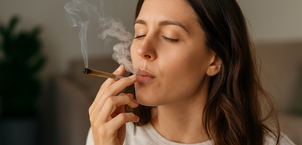 Woman peacefully smoking a joint indoors, illustrating one of the ways to enjoy MK Ultra weed
