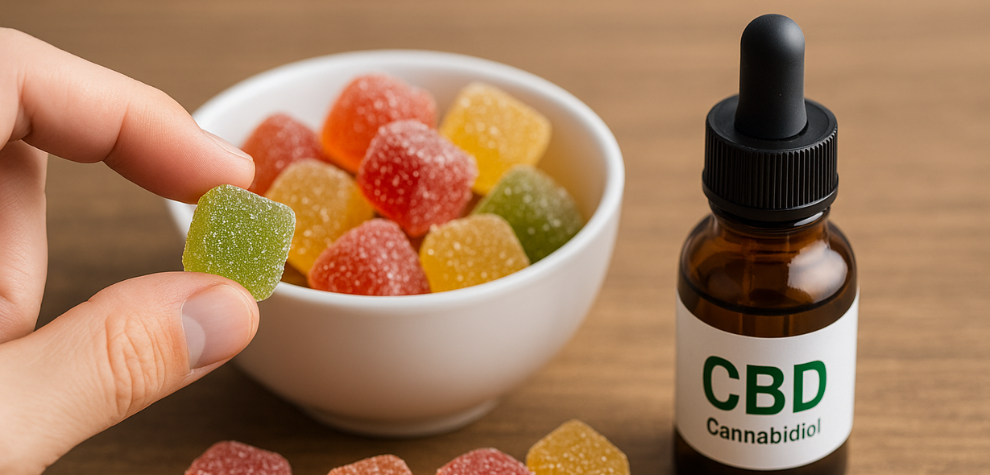 Hand picking up a CBD gummy from a bowl, with a bottle labeled 'CBD Cannabidiol' beside it