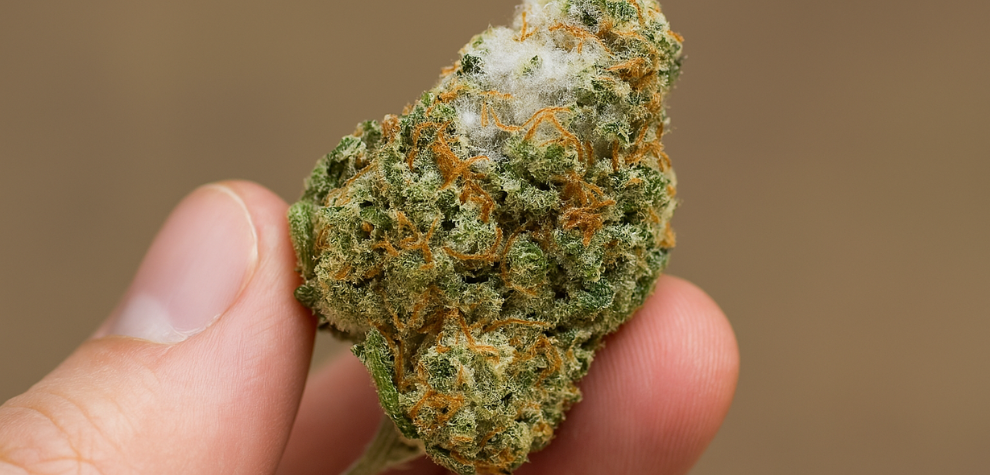 Fingers holding a cannabis bud visibly covered in white fuzzy mould, clearly showing what mouldy weed looks like