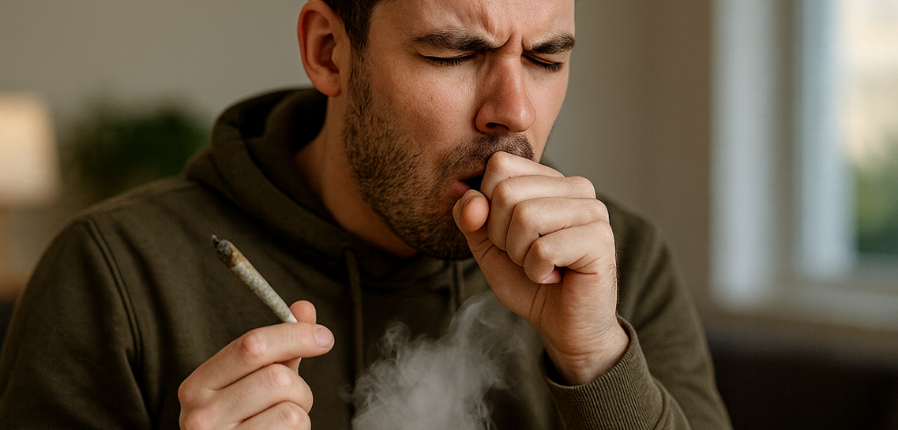 A man coughing with discomfort while holding a lit joint, illustrating the potential negative effects of smoking mouldy weed