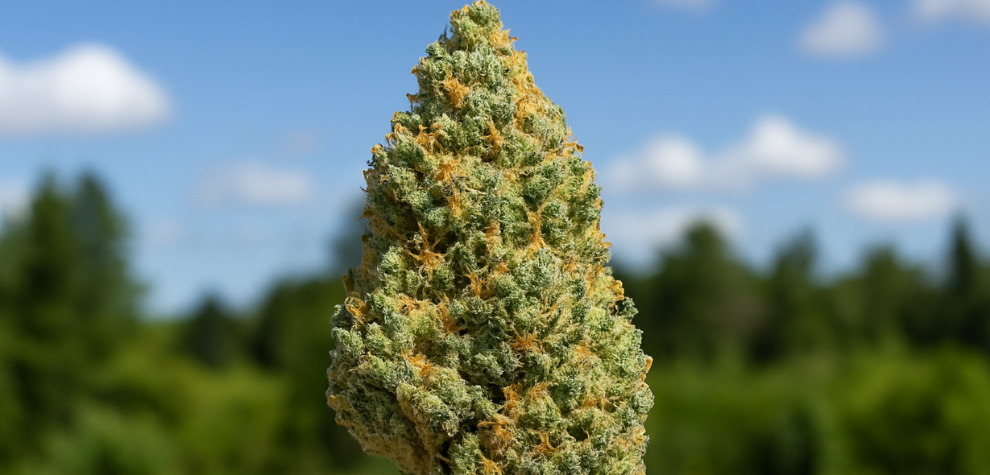 Close-up of a vibrant Sativa cannabis bud against a bright, outdoor background, symbolizing the energizing and uplifting nature of Sativa weed