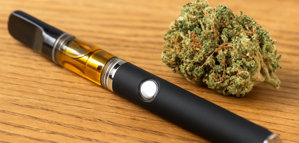Vape pen and cannabis bud placed on a wooden surface, representing what defines high THC weed in Canada