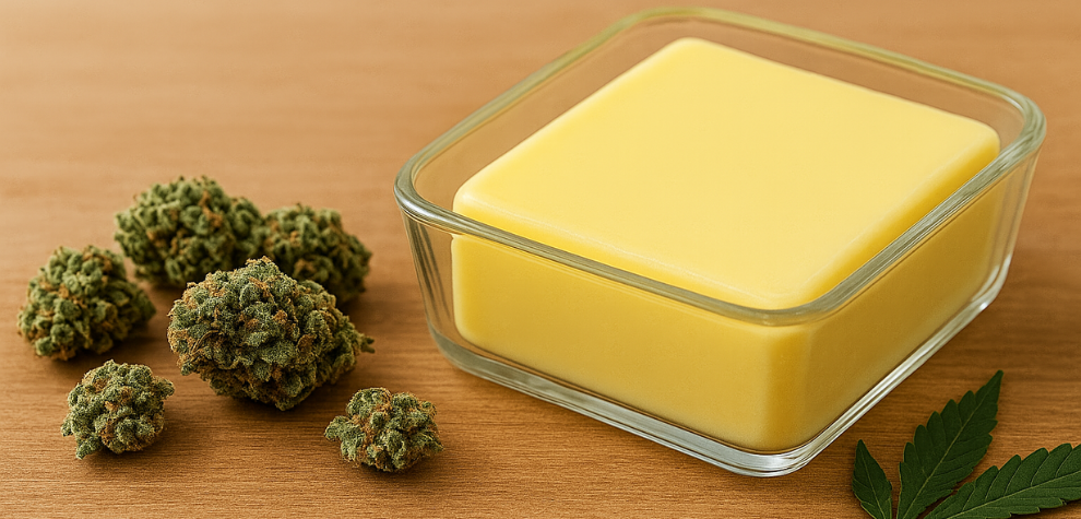 Block of cannabutter in a glass dish beside cannabis buds and a leaf on a wooden surface, representing what weed butter is