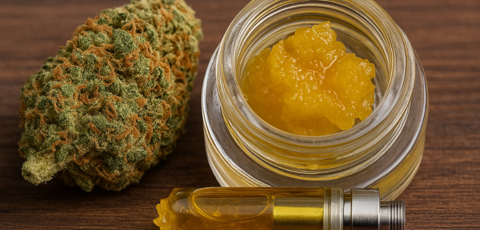 A cannabis bud, a glass jar of golden live resin concentrate, and a partially filled vape cartridge arranged on a wooden surface